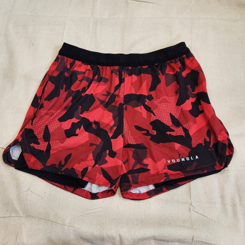 YoungLA Men's 2-in-1 Activewear Shorts M Medium Camo Compression Liner Red